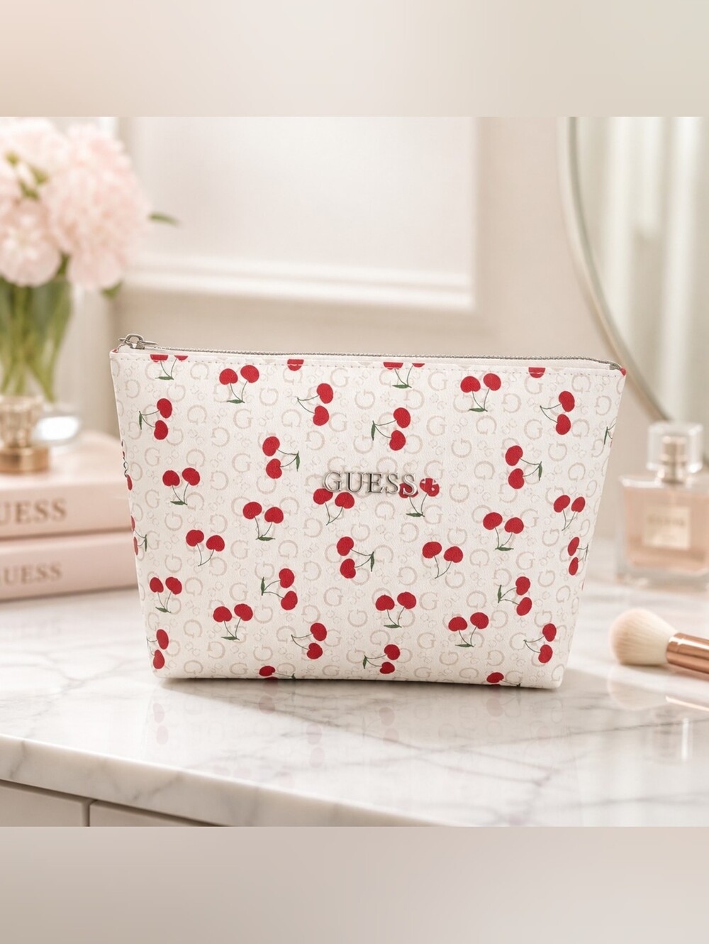 GUESS Cream & Red Cherry Print Cosmetic Makeup Bag